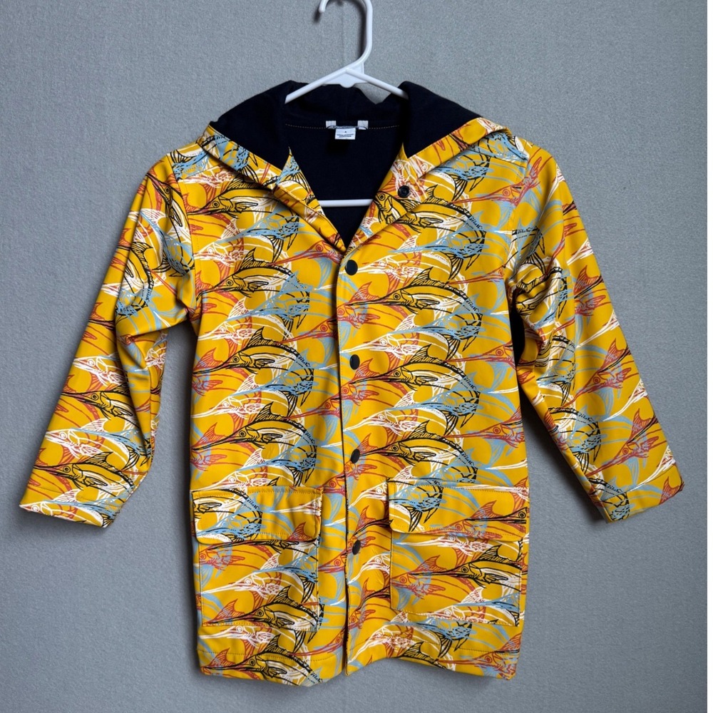 Hartstrings Raincoat Kids Size 4 Yellow Marlin Fish Print Hooded Jacket Snap Up